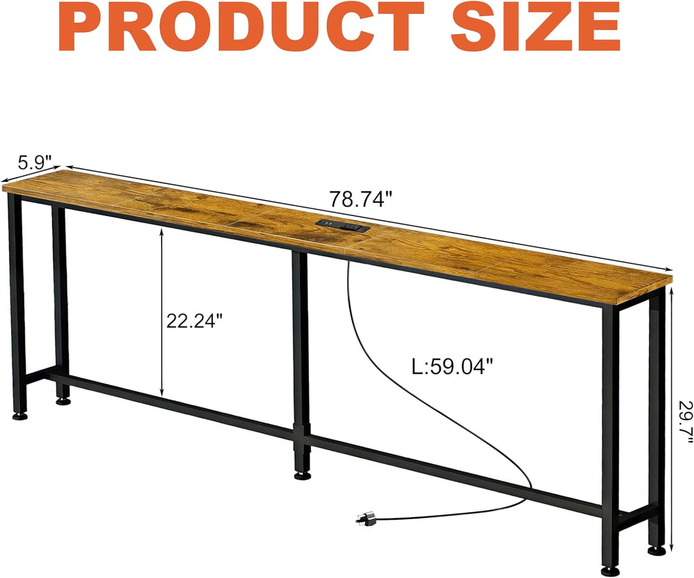 78" Narrow Sofa Table with Outlet (2 AC Outlets & 2 USB Ports), Behi...