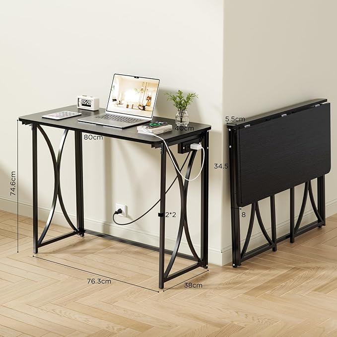 Folding Desk, 31.5" Small Desk for Bedroom with Power Outlet, Space Saving Foldable Computer Desk for Home Office, Easy Assembly, Black