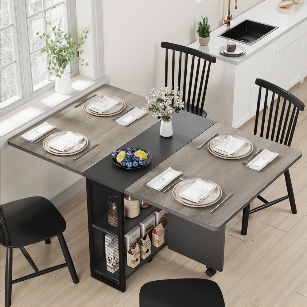 IDEALHOUSE FoldingTable, Drop Leaf Dining Table with 6 Wheels and 2-Layer Sto...
