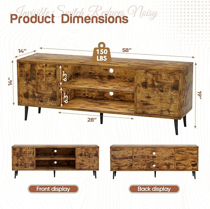 YESHOMY Modern TV Stand for 65" Television, Entertainment Center with Two Storage Cabinets, Retro Style Media Console for Living Room, Bedroom, Office, 58 Inch, Rustic Brown