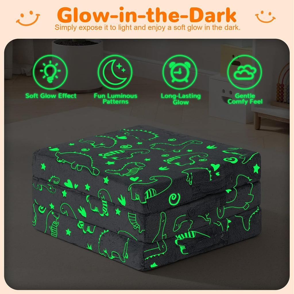 MeMoreCool Glow Dinosaur Kids Foldable Floor Mattress Trifold, 57x22 Inch | Glow dinosaur trifold futon for daycare, playroom, camping and travel rest