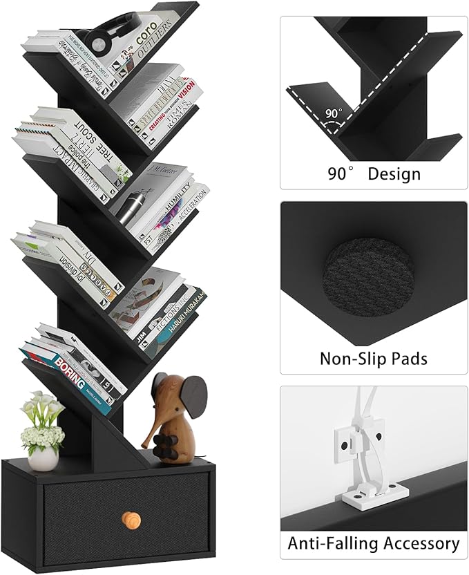 8 Tier Tree Bookshelf with Drawer, Free Standing Wood Bookcase for Living Roo...