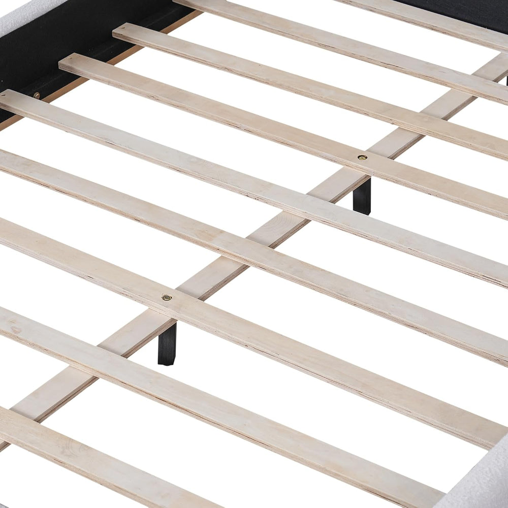 Peanu Queen Bed Frame, Boucle Upholstered Headboard, White Base