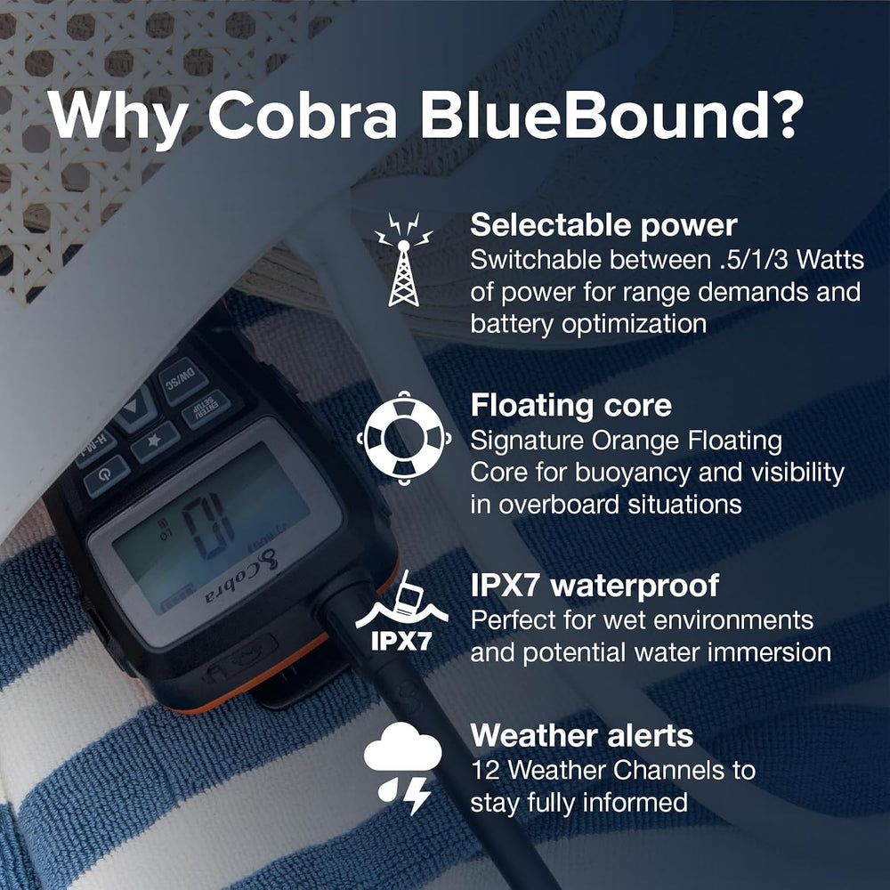 Cobra BlueBound 150 VHF Handheld Marine Radio, Black - 3-Watt, Floats