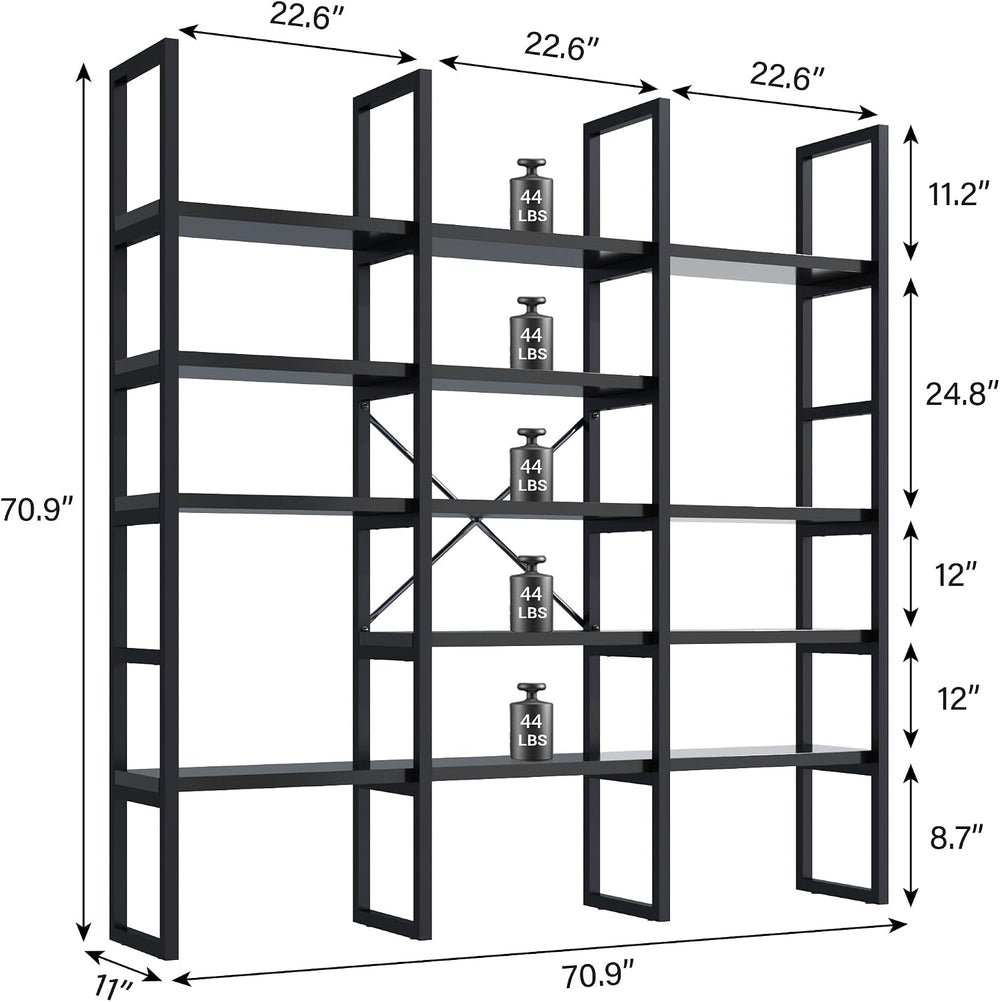 Large Bookshelf 5 Tiers, Triple Wide Geometric Bookcase, 71 Inches Tall Indus...