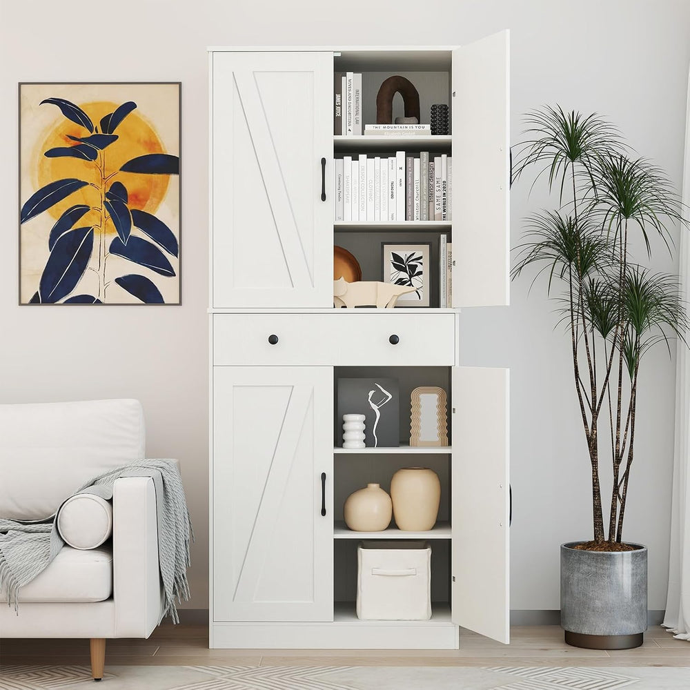 GOFLAME 72” Tall Pantry, Modern Farmhouse Cupboard Cabinet with 4 Barn Doors,...