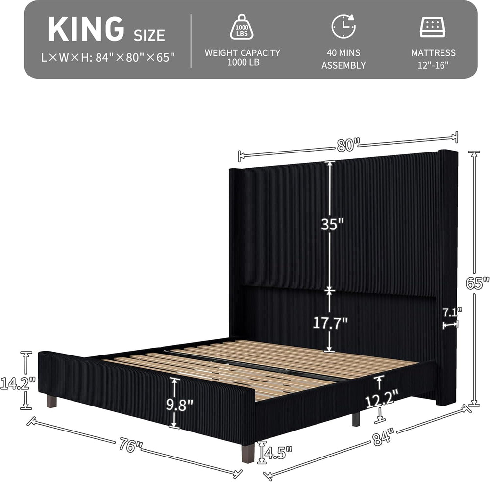 King Size Corduroy Upholstered Bed Frame with 65.2" Tall Headboard,USB C...