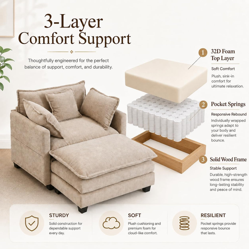 41" Oversized Chair with Ottoman, Chenille Reading Chair and a Half, Dee...
