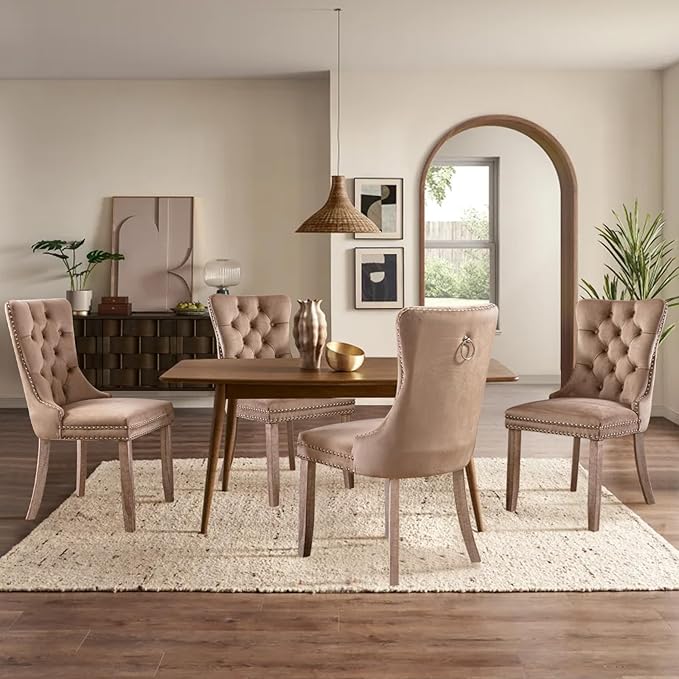 Velvet Upholstered Dining Chairs Set of 4, Modern Style Kitchen Side Chairs with Nailhead Trim and Wood Legs,Metal Pulling Ring for Dining Room Living Room