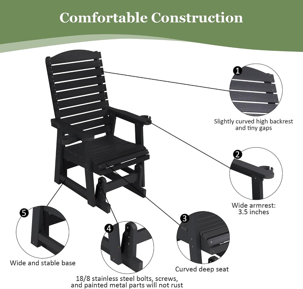 Poly Lumber Patio Glider for One Person, with Cup Holders, High Backrest and ...