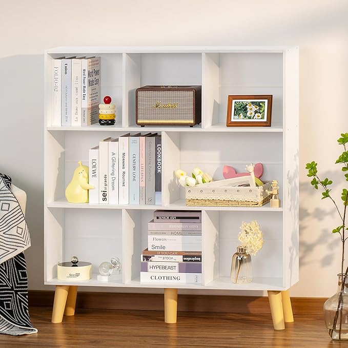 YAHARBO 8 Cube White Bookshelf,3 Tier Book Shelf with Legs,Modern Minimalist ...