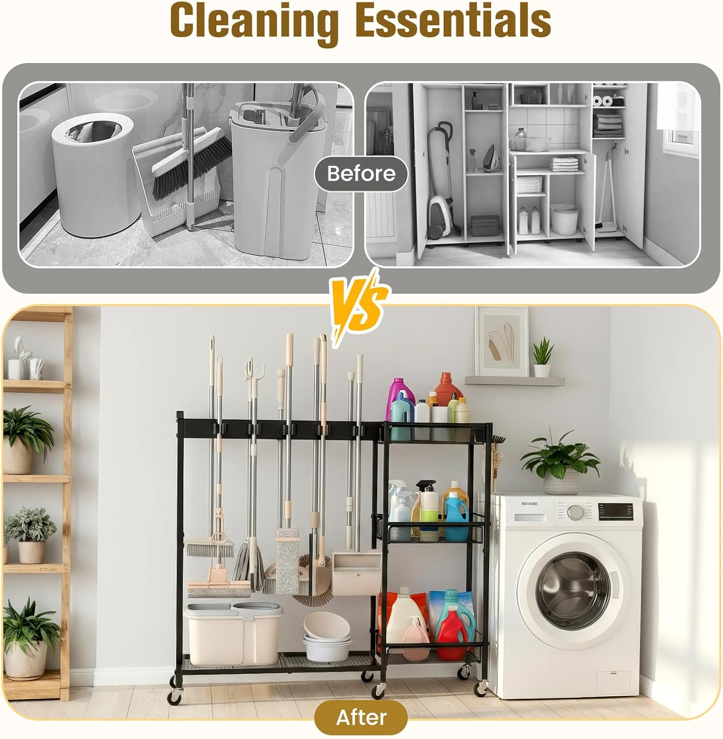 Broom Holder with Cleaning Supplies Organizer, Cleaning Utility Cart on Wheels, 10 Clips & 7 Hooks, 3-Tier Shelves, Broom Closet Storage Cabinet with Cleaning Caddy for Home Commercial Use