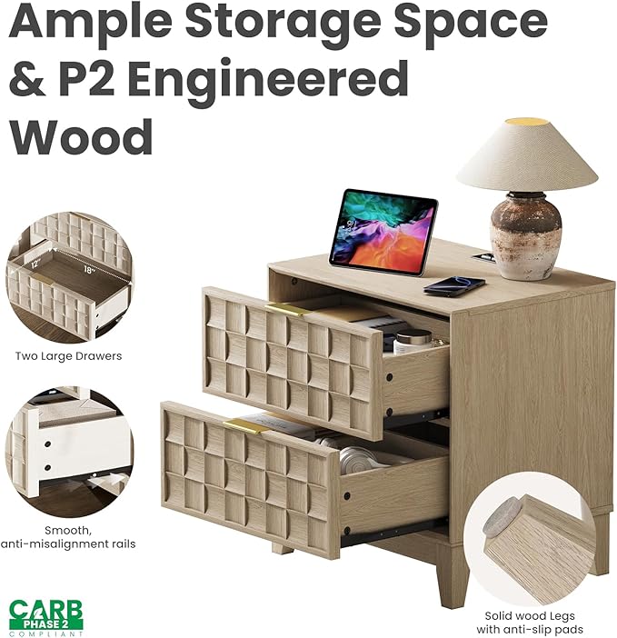 COLAMY Night Stand Set of 2, Nightstand with Charging Station, 22" Modern Bed Side Table with 2 Storage Drawers and Chessboard Relieffor Bedroom, Dorm and Small Spaces - Oak