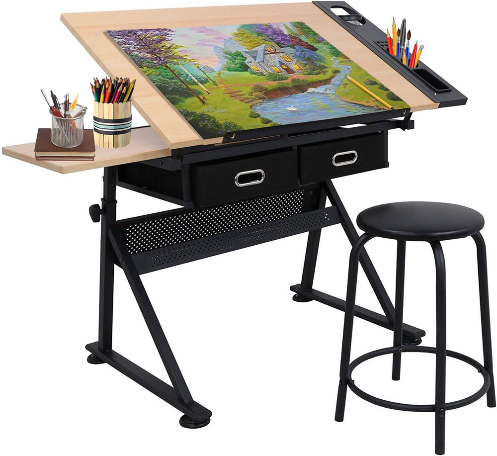Drafting Table Drawing Desk Reclining Tiltable Tabletop Bundle Set with Stool...