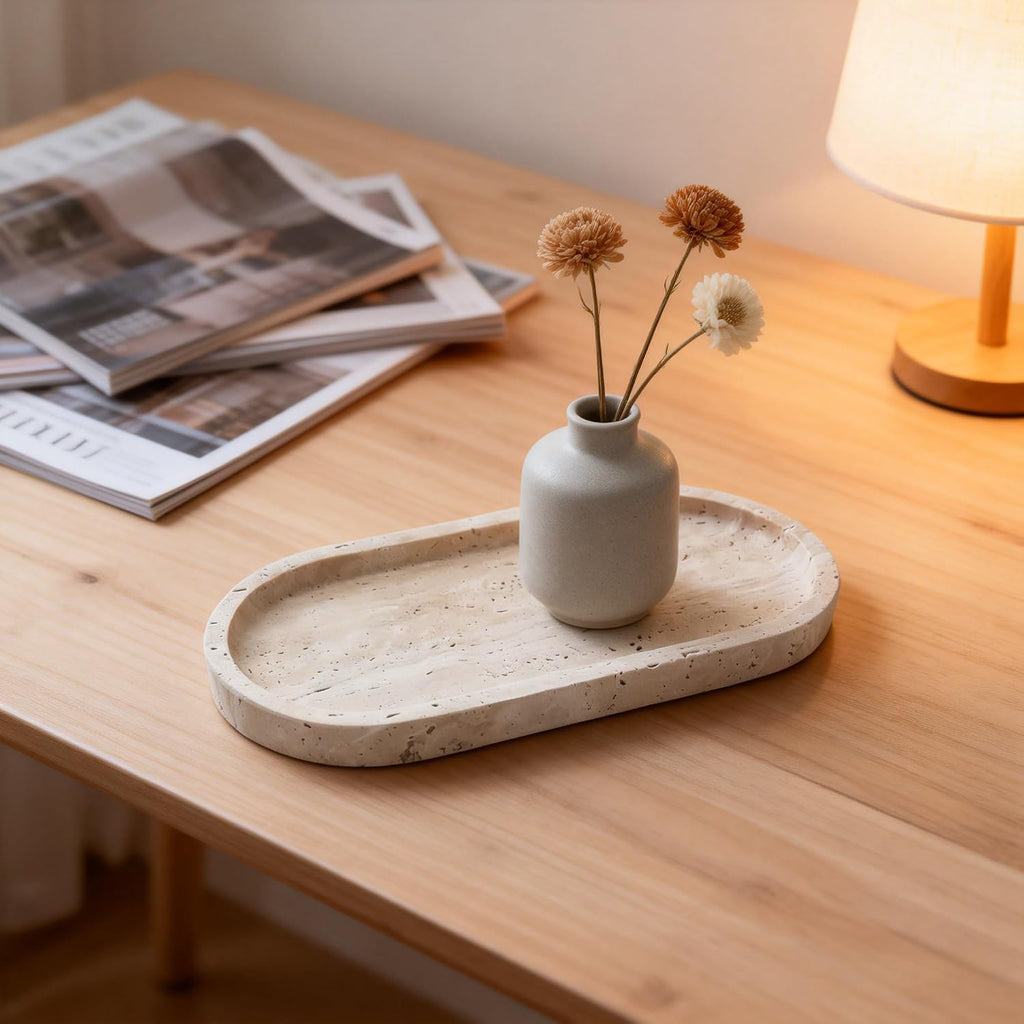 Oval Travertine Tray 4.8 in x 9.8 in for Bathroom Dresser Countertop Organizer, Natural Marble Vanity Tray for Perfume, Candles, Ring, Decorative Jewelry Dish