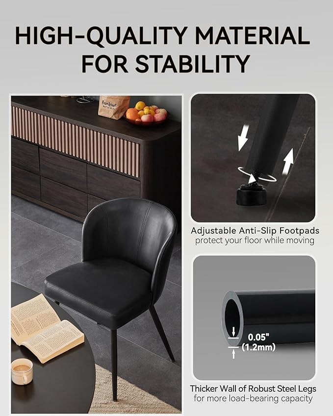 Dining Chairs Set of 4, Upholstered Kitchen Chairs with Faux Leather Cushion Seat and Metal Legs, Mid Century Modern Dining Room Chair for Kitchen, Living Room, Easy Assembly, Black