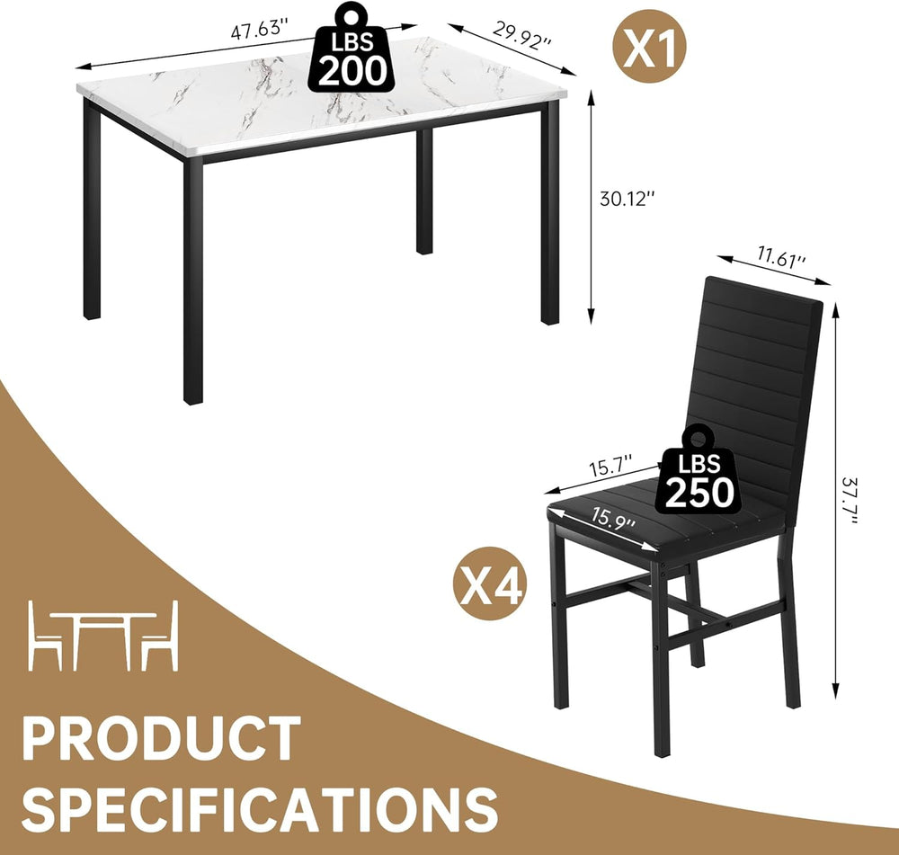 Hooseng 5 Piece Dining Table Set for 4, Faux Marble Kitchen Table with Uphols...