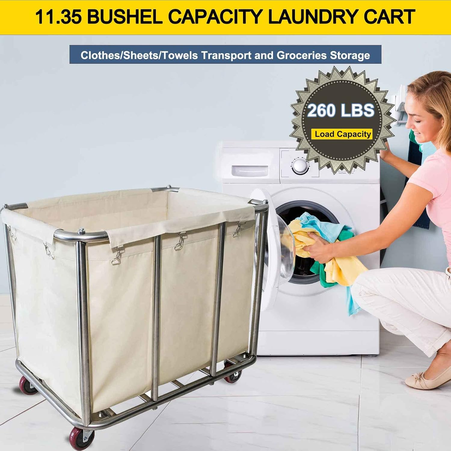 Laundry Cart Commercial,11.35 Bushel Large Industrial Rolling Laundry Hamper with 4 Inch Wheels,Home Heavy Duty Laundry Baskets with Stainless Steel Frame, 260 LBS Load