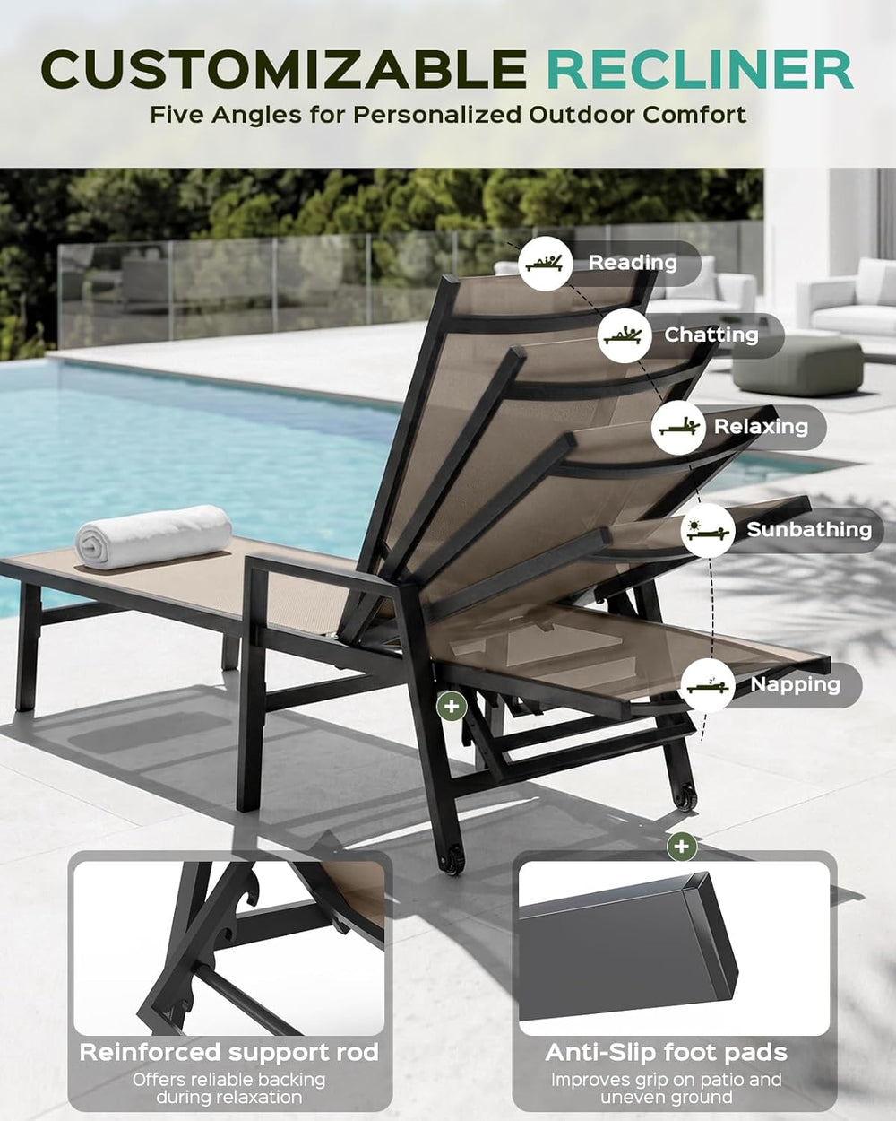 Vexwalx Patio Chaise Lounge Chair Outdoor with Wheels&Armrests, Aluminum ...