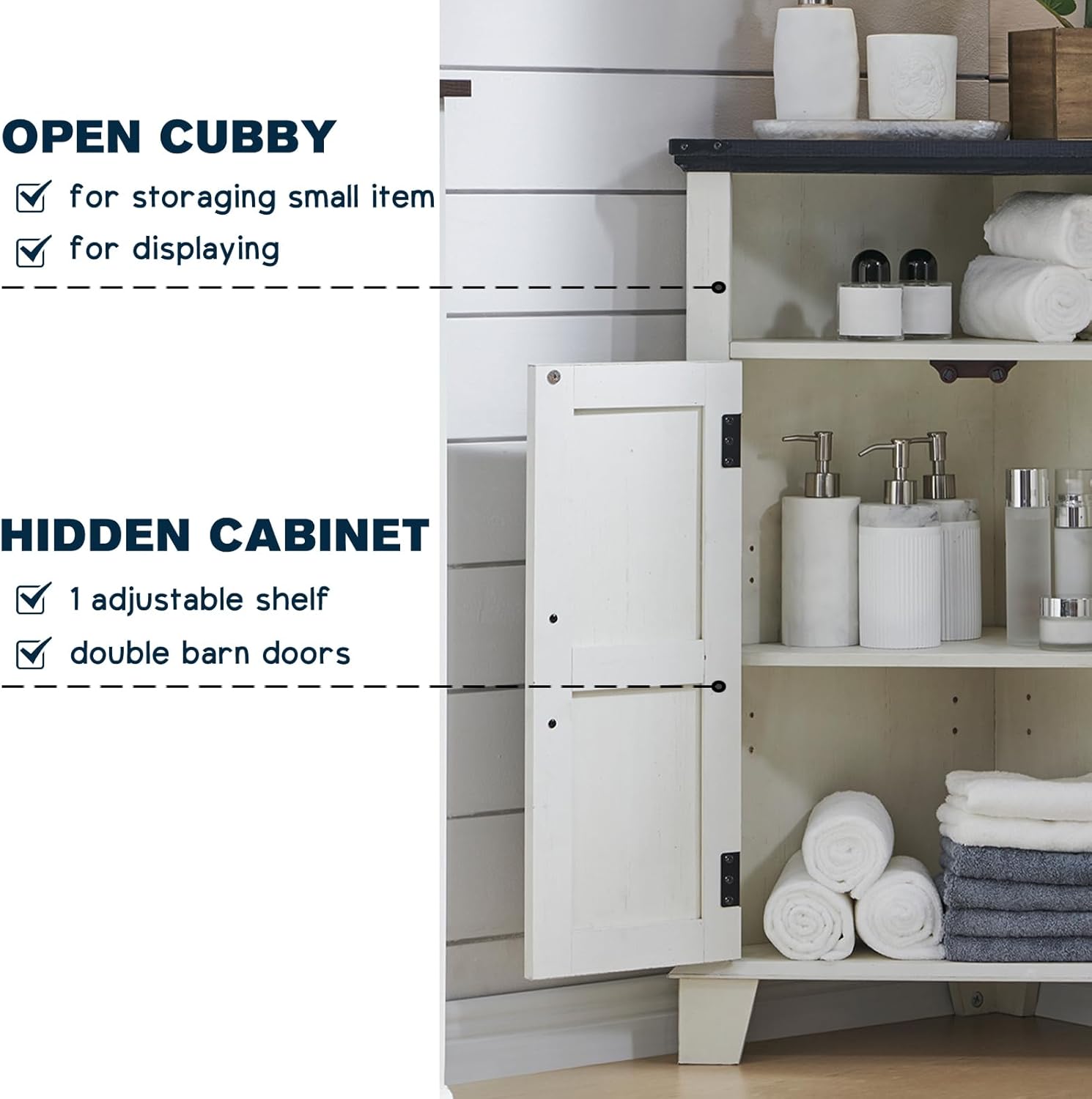 ACCOHOHO Corner Bathroom Cabinet, Farmhouse Small Corner Cabinet with Barn Door & Adjustable Shelf, Storage Cabinets for Bathroom, Kitchen, Living Room, Off White