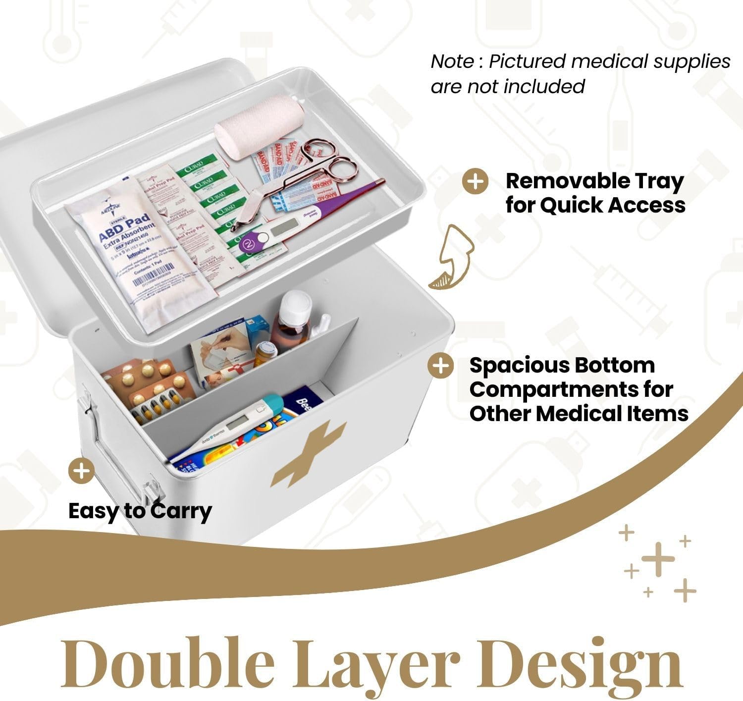 Flexzion First Aid Box Organizer Empty 13" White Vintage First Aid Kit Tin Metal Medical Box - First Aid Storage Box Container Bins with Dividers, Removable Tray and Gold Cross Logo