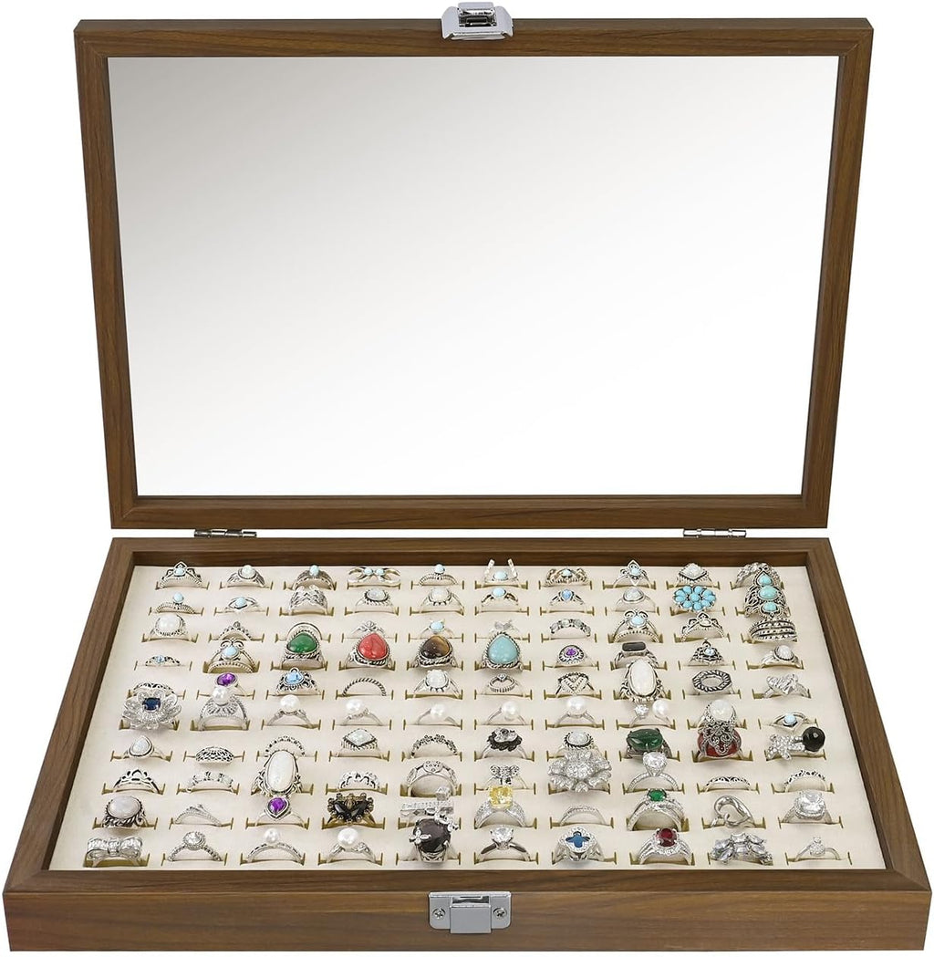 MOOCA 100 Ring Box Jewelry Display Tray, Display Case Accessories Storage Box with Tempered Glass Hinge Lid, Beige Lined Jewelry Tray for Rings, Walnut Color, 14.1W x 10.2D x 2.1H in