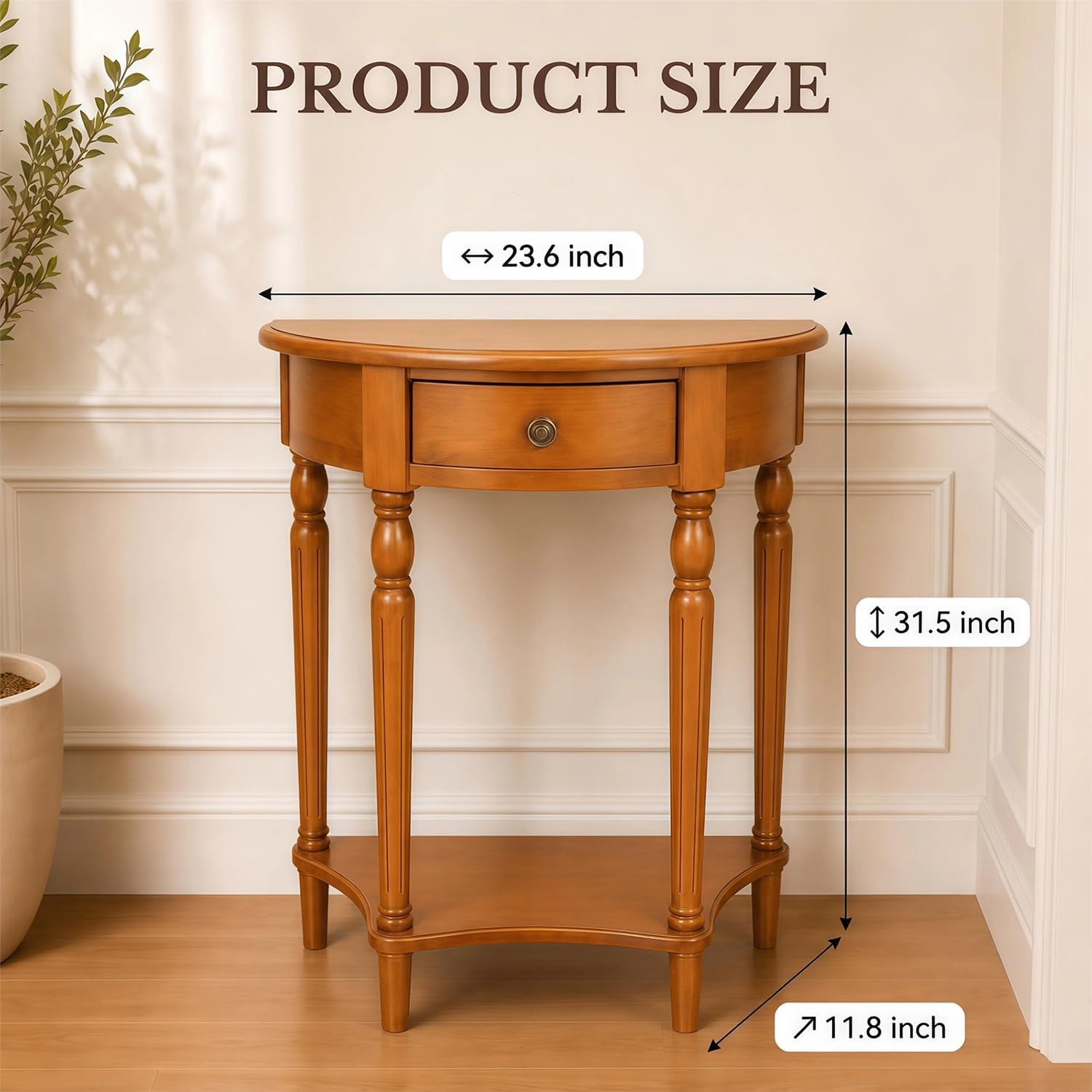 Half Moon Console Table - Solid Wood Vintage Half Round Foyer Table with Drawer and Shelf, Narrow Accent Table for Entryway, Hallway, Living Room and Small Spaces, (Brown, 23.6" W)