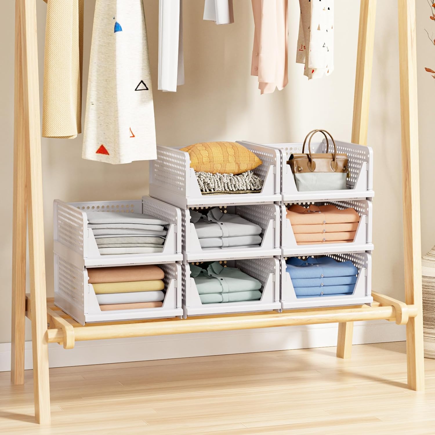 4 Pack Stackable Closet Storage Basket - Stackable Storage Bins, Multifunctional & Foldable Closet Organizer Divided, Wardrobe Cupboard Space-Saving Clothes Storage Hat Organizer, White