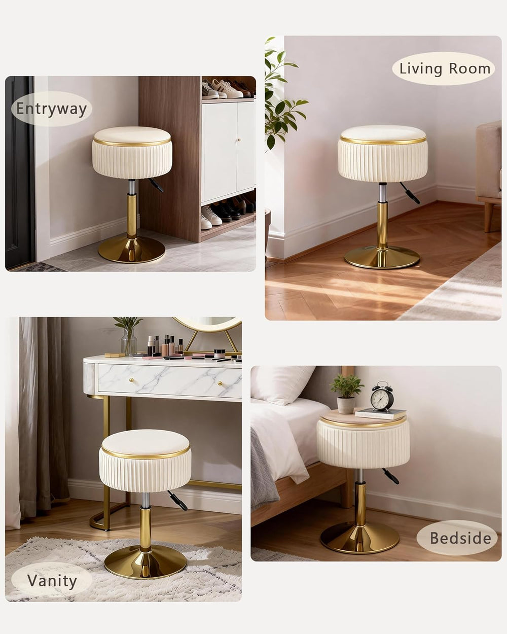 LITZFUR Adjustable Vanity Stool with Storage, 360° Swivel Gold Chair, Velvet ...