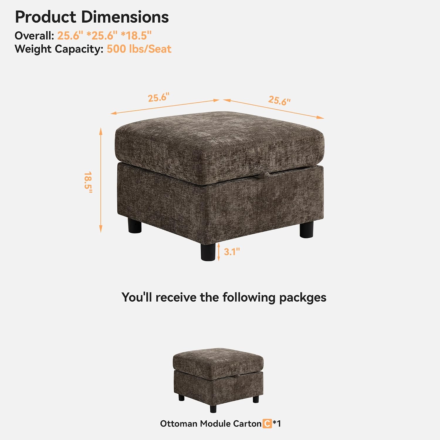 WUTUTUEE 25'' Square Storage Ottoman Module for Modular Sectional Sofa, Living Room Coffee Table Sectional Ottoman Footrest for Convertible Couch, Chenille Brown