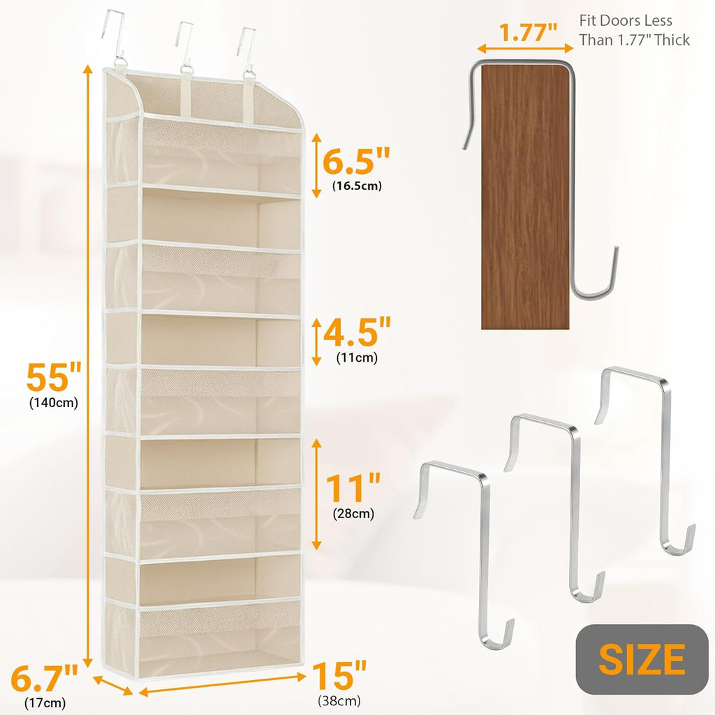 5 Layers Over The Door Organizer with Clear Window, 10 Mesh Side Pockets and 3 Hooks, 1 Pack Large Pockets Heavy Duty Hanging Storage for Bedroom/Bathroom/Pantry/Nursery, Kids Toys, Shoes(Beige)
