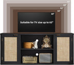 LEYAOYAO Rattan TV Stands for Living Room, Boho Entertainment Center with Storage and Open Shelf, Wood Media Console for 50-65 Inch TV, Black