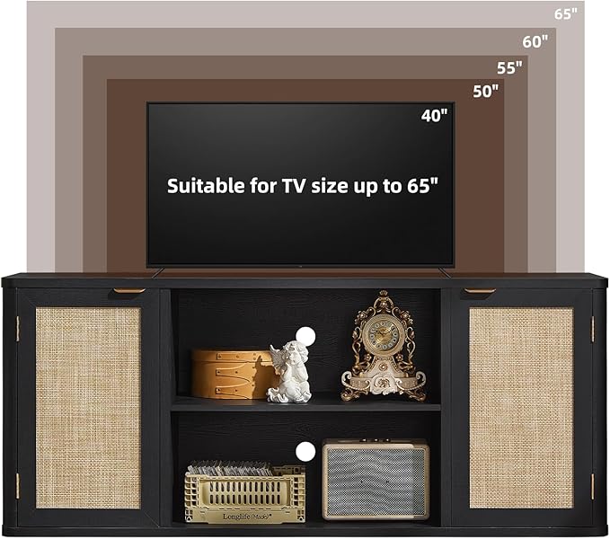 LEYAOYAO Rattan TV Stands for Living Room, Boho Entertainment Center with Storage and Open Shelf, Wood Media Console for 50-65 Inch TV, Black
