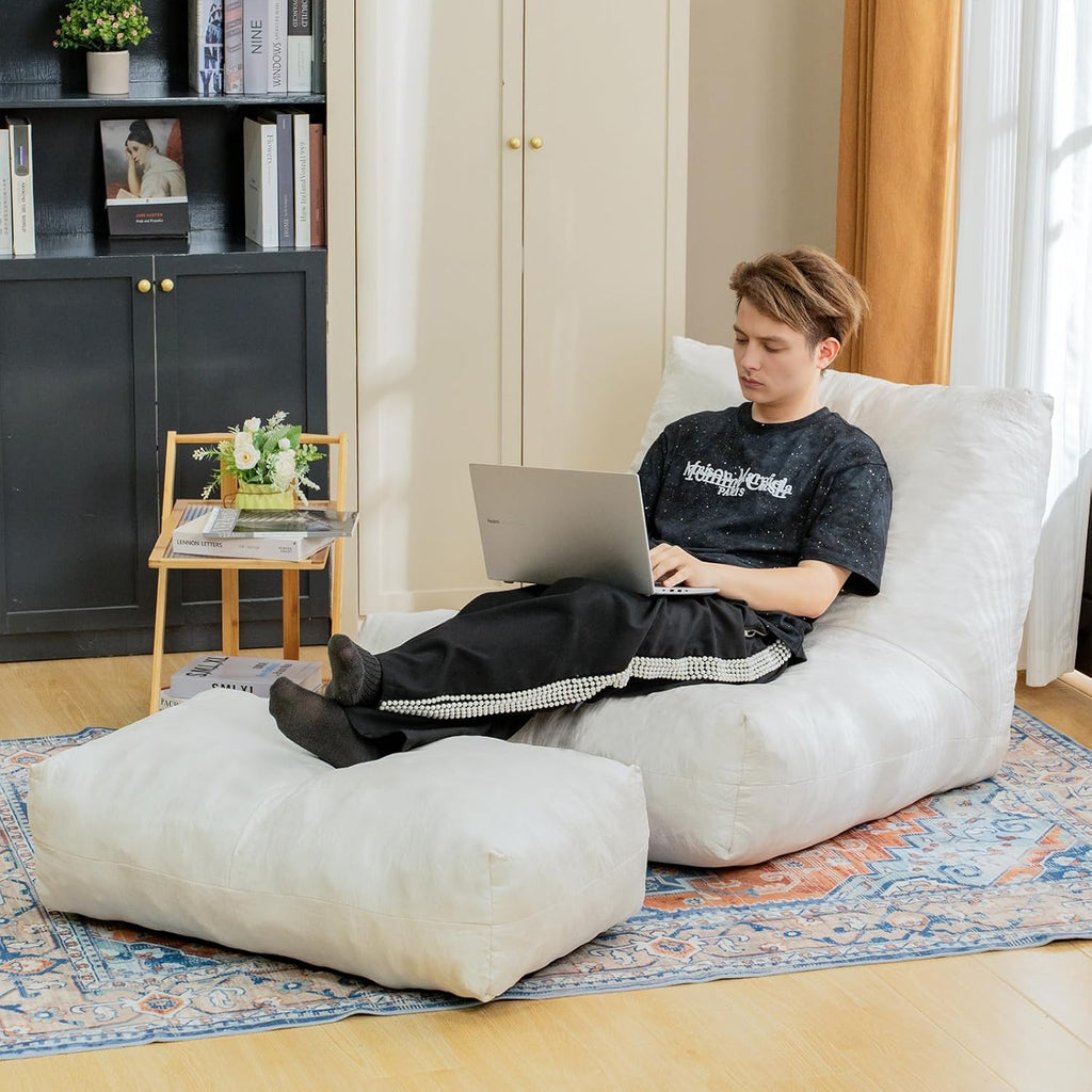 Cvortll Bean Bag Chair with Ottoman, Comfy Bean Bag Sofa with Memory Foam, Lazy BeanBag Sofa with Footstool, Fireside Bean Bag Couch for Living Room, Bedroom, Apartment
