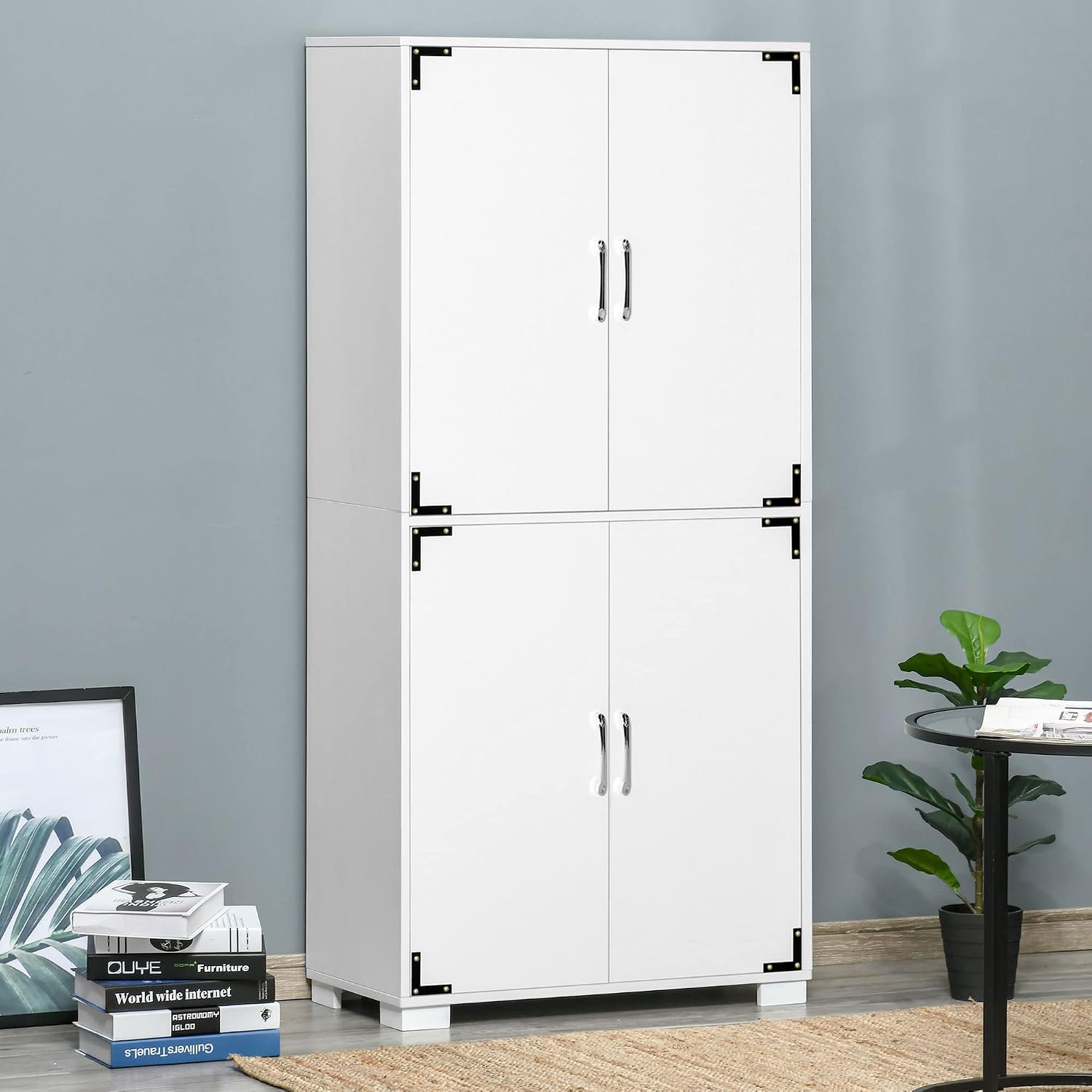 HOMCOM Industrial Kitchen Pantry Cabinet with 4 Doors, White | Storage Shelves, Freestanding Storage Cabinet