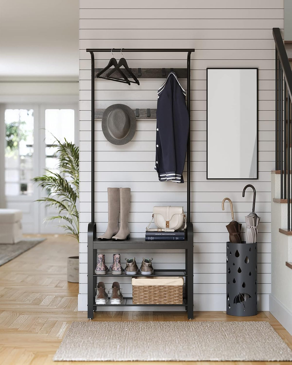 VASAGLE Coat Rack, Hall Tree with Shoe Bench, 4-in-1, 9 Removable Hooks