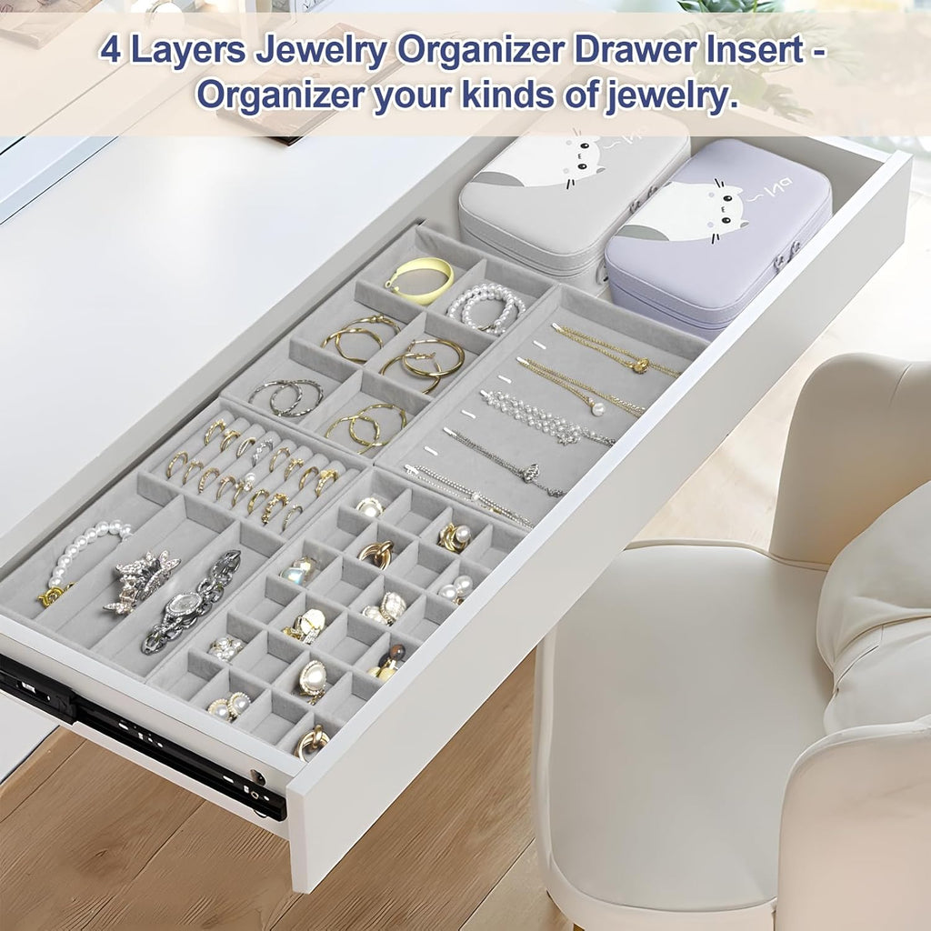 Jenseits Set of 4 Stackable Jewelry Organizer Trays for Drawers, Jewelry Drawer Inserts with Removable Dividers, Velvet Jewelry Container Display Case Storage for Earring Necklace Rings Bracelet, Grey