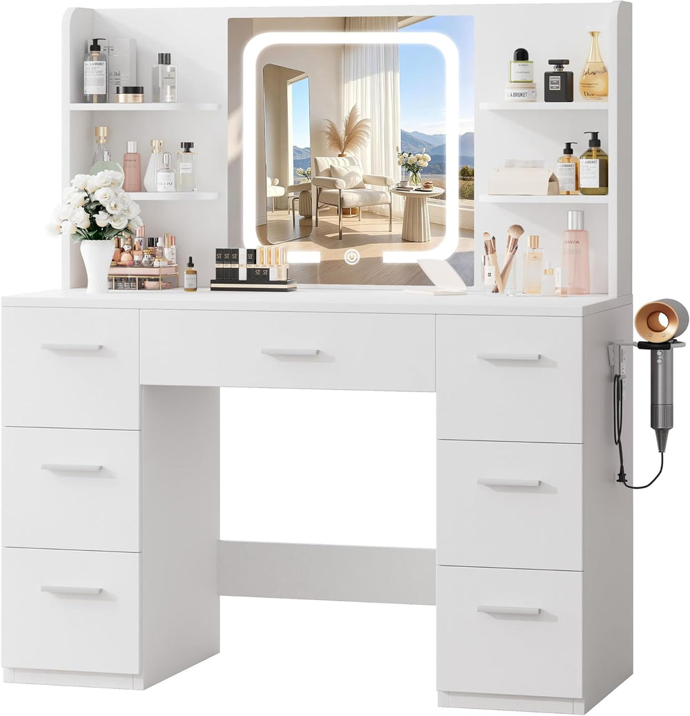 LIVELYGLOW 43" Large White Makeup Vanity Desk with Charging Station | Sm...