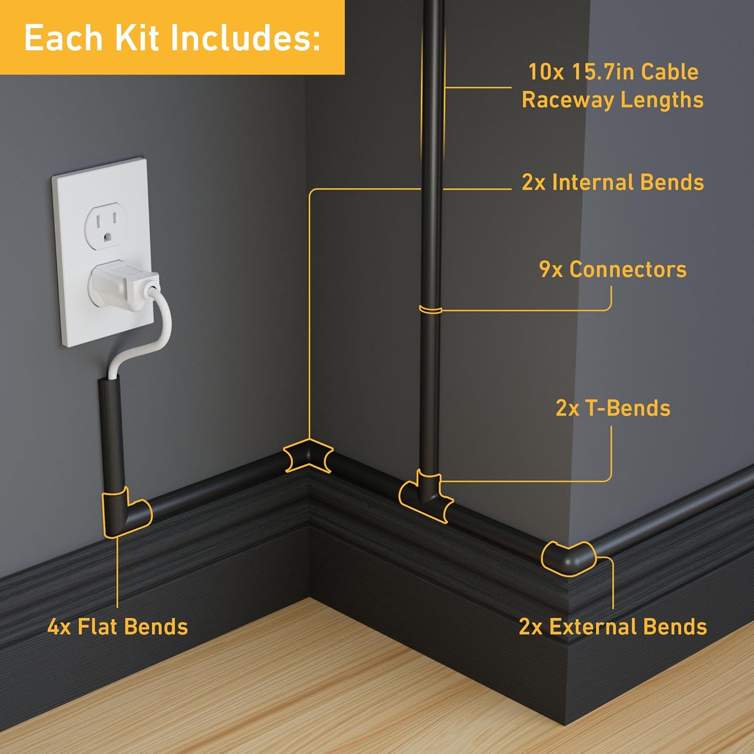 D-Line 157in Cord Hider Kit, Patented Cable Cover, Hide Wires on Wall, Channel for TV Mount Cords, Raceway Wire Hiders, Paintable, Adhesive, Half Round, 10x 0.78in W x 0.39in H x 15.7in L, Black