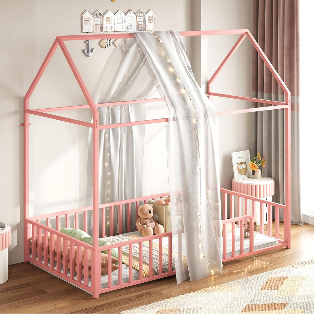 LIKIMIO Twin Floor Bed with Roof and Fence Guardrails, Pink