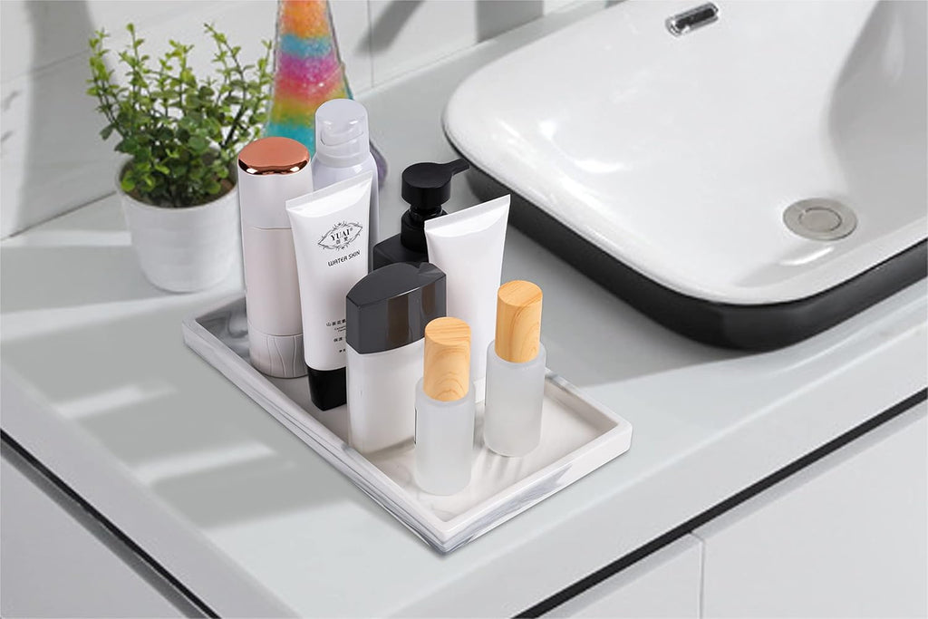 Marble Tray for Bathroom Counter Decor Ceramic Perfume Organizer Vanity Tray for Dresser Jewelry Dish Key Plate Rectangle Marble Sink Trays Countertop Organizer White,Large