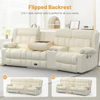 Recliner Sofa Set with Storage Console, Flip Middle Backrest Design PU Leather 3 Seater Reclining Sofa and Single Recliner Chair, Manual Couches for Living Room (Ivory, 3 Seat+Console+1)