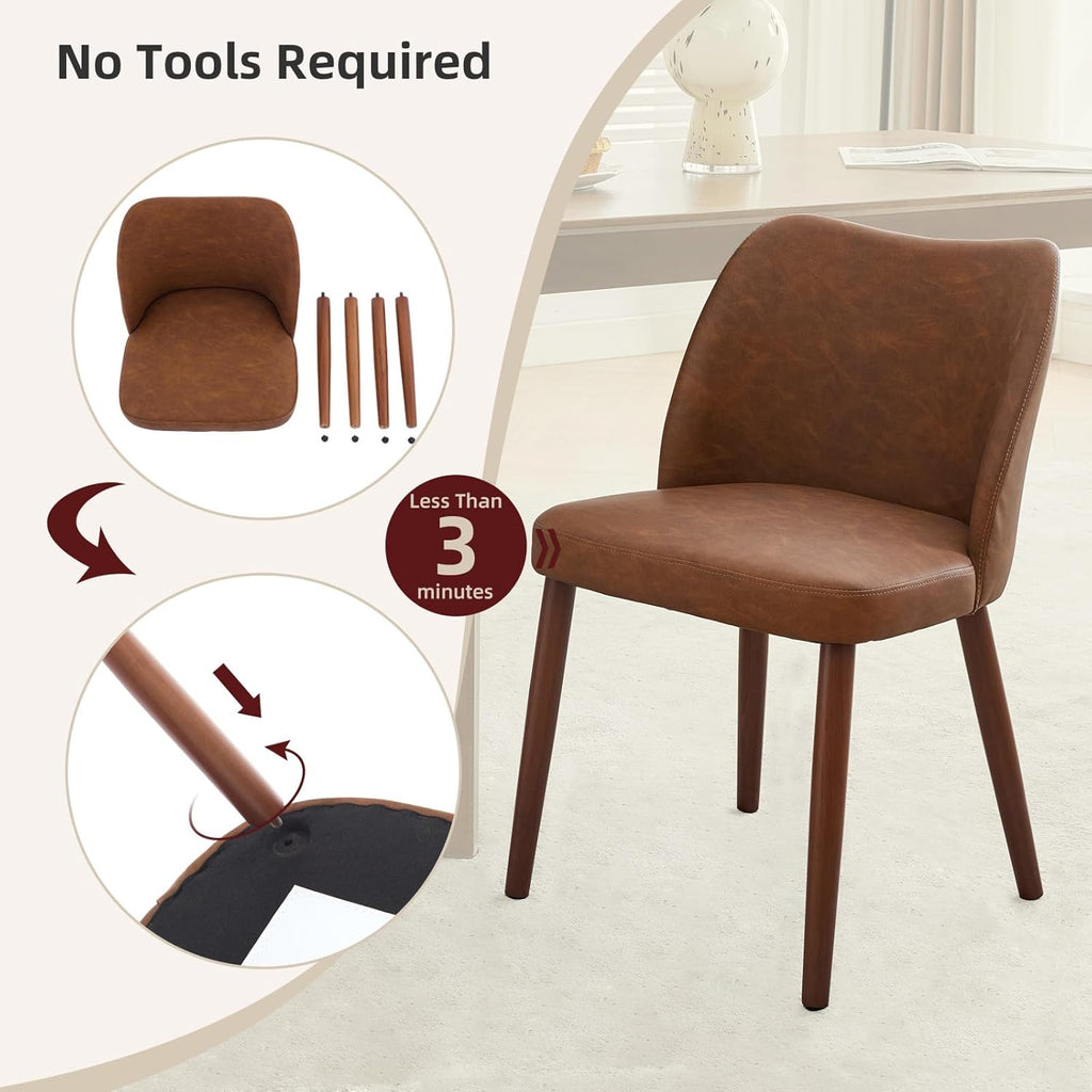 GarveeHome Leather Dining Chairs Set of 4 Upholstered PU Dining Chair with Wood Legs, Wing Backrest, Wooden Kitchen Chairs with Thick Cushions, Leveling Feet for Dining Room, Living Room, Brown