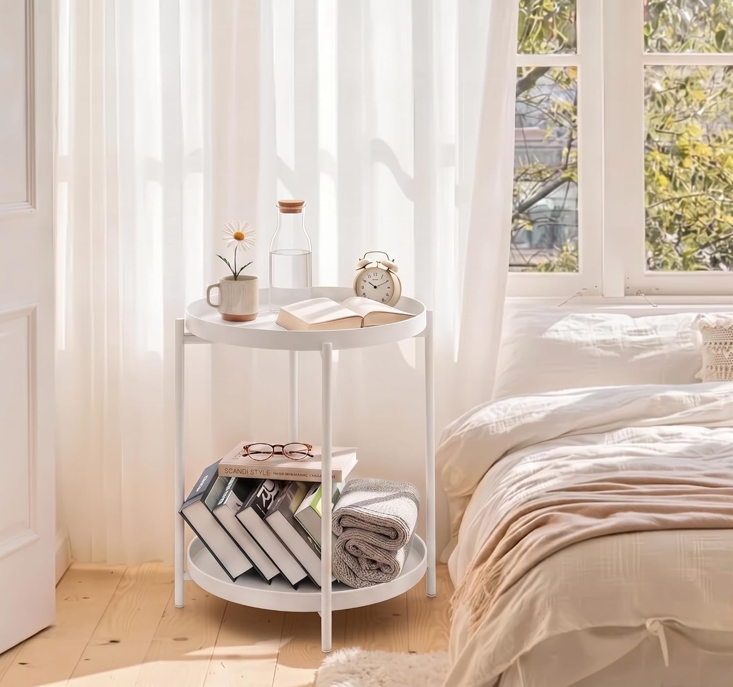TeoKJ 2 Tier Round Side Table, Folding Round Metal End Table Small Nightstand with Two Removable Tray for Bedroom Living Room Bedside Small Spaces White