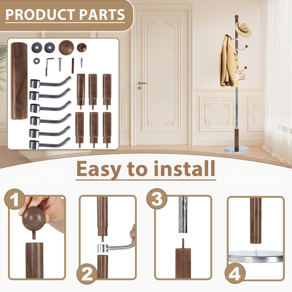 Solid Wooden Coat Rack Stand, Coat Racks Freestanding with 6 Hooks, Natural Birch Wood Coat stands with Sturdy Round Base, Tree Coat Hanger Standing for Entryway Bedroom Office (Walnut)