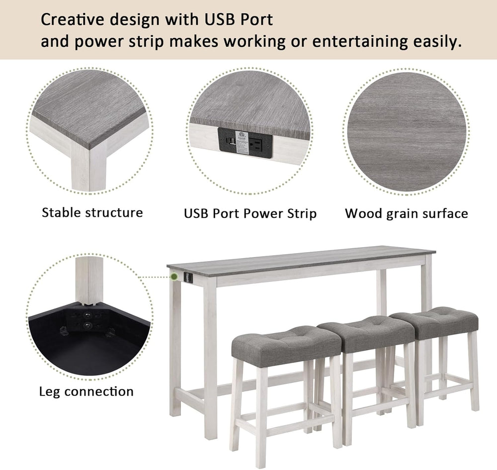 59'' Dining Bar Table and Chairs Set with Power Outlet, 4-Piece Indus...