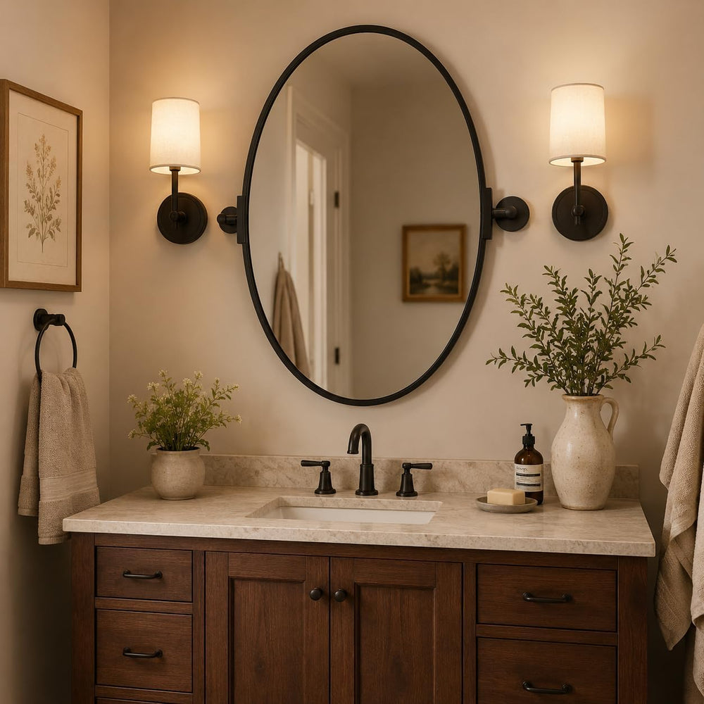 Black Pivot Mirror, 24 x 36 Inch Oval Bathroom Mirror for Wall, Tilting Metal...