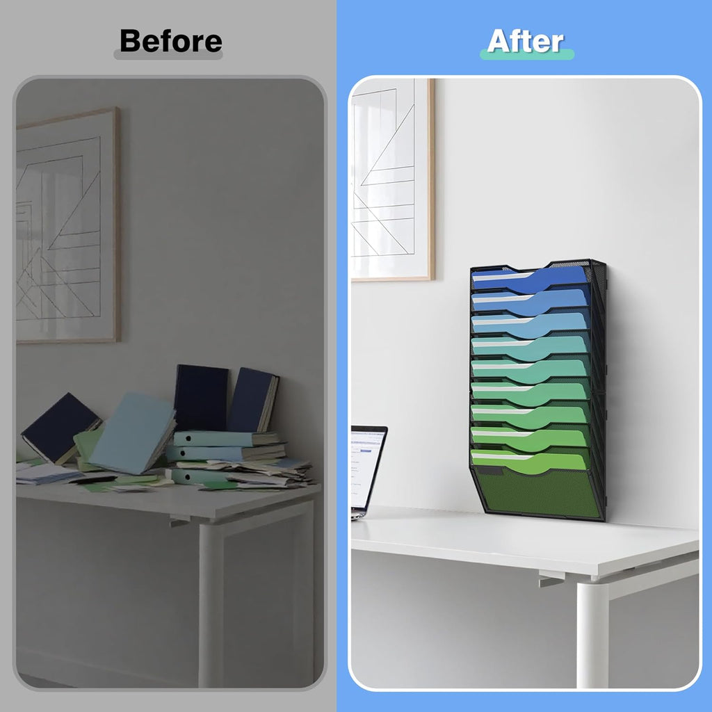 Kuntine.B Wall File Organizer Office Hanging Magazine Holder Wall File Organizer for Office Home (Black, 10 Tier)