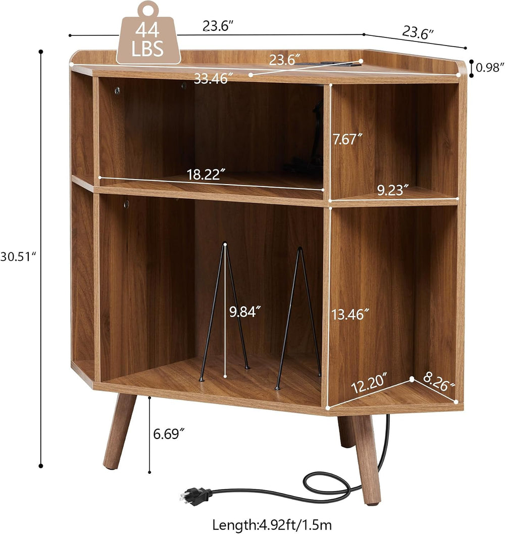Corner Record Player Stand with Charging Station & USB Ports