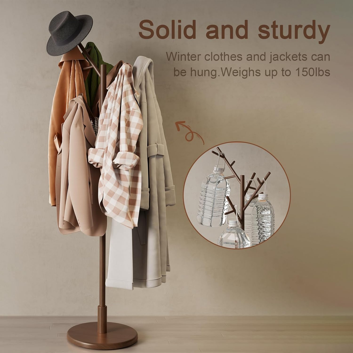 Muwuele Coat Rack, Solid Wood Coat Rack Freestanding With 12 Hooks, Coat Tree Freestanding Heavy Duty 3 Adjustable Heights For Coat, Hats, Handbags, Coat Hanger Stand For Entryway, Bedroom, Walnut